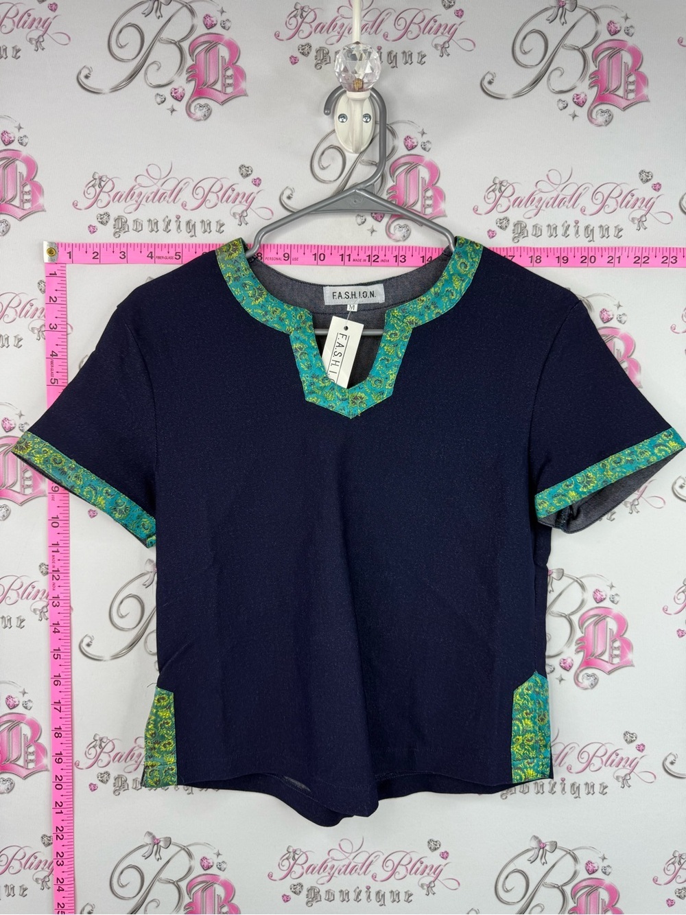 Fashion T-shirt Navy Short Sleeve Top with Teal Floral Trim